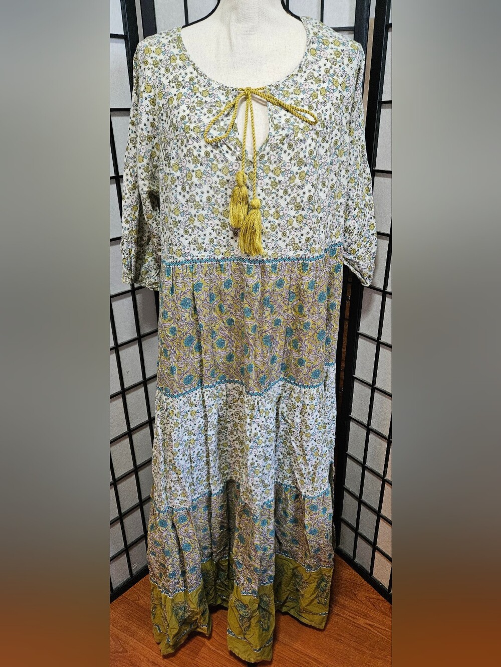 Natural Life Large Auguste Boho Olive Floral Multi Tier Maxi Dress